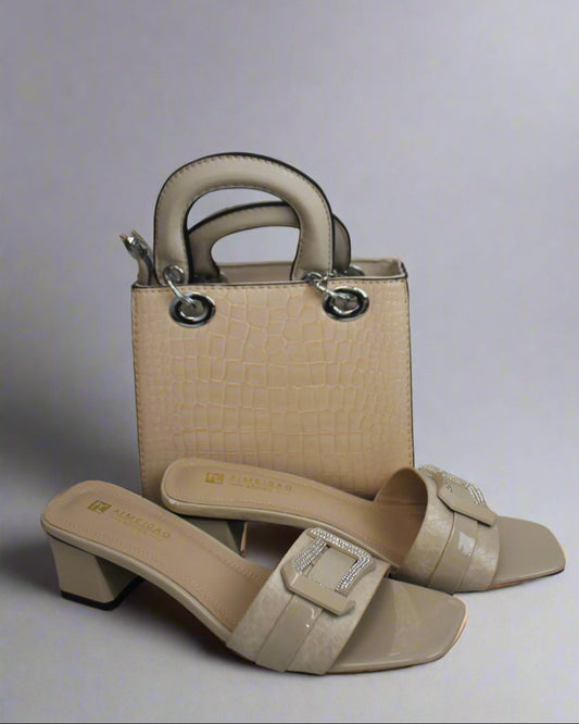 Aimeigao Beige Croc Handbag & Slide Sandal Set