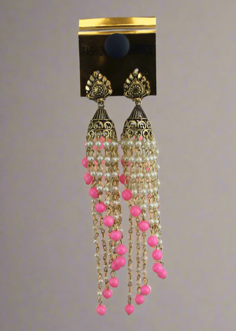 Antique Gold Pink Beaded Tassel Earrings