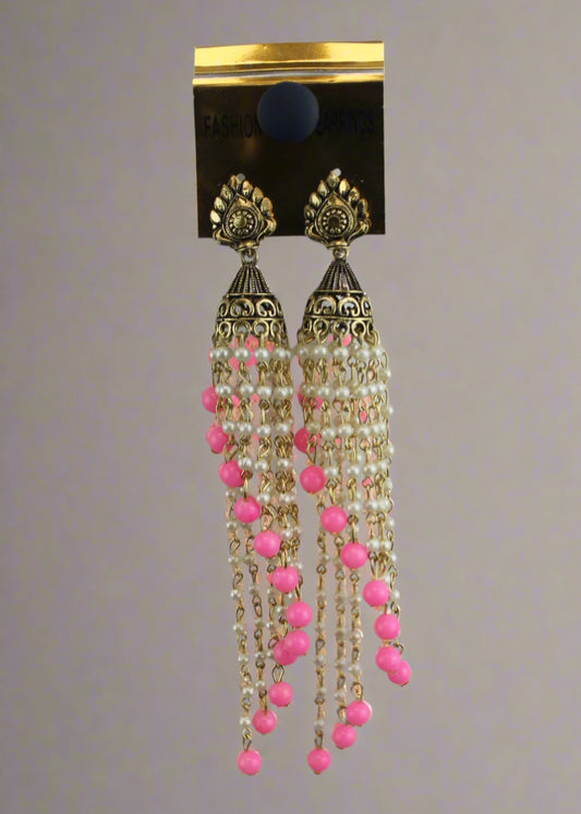 Antique Gold Pink Beaded Tassel Earrings