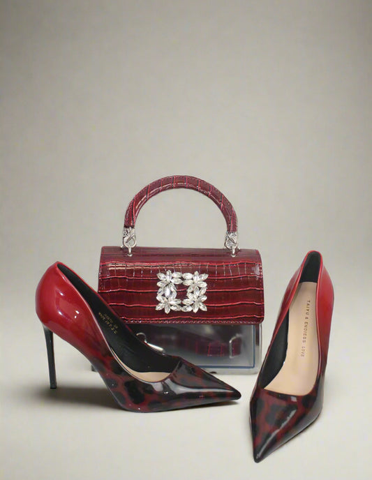 Crimson Elegance Stiletto Heels with Croc Handbag