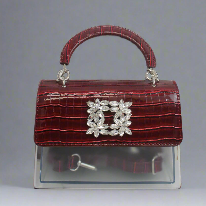 Crimson Elegance Stiletto Heels with Croc Handbag