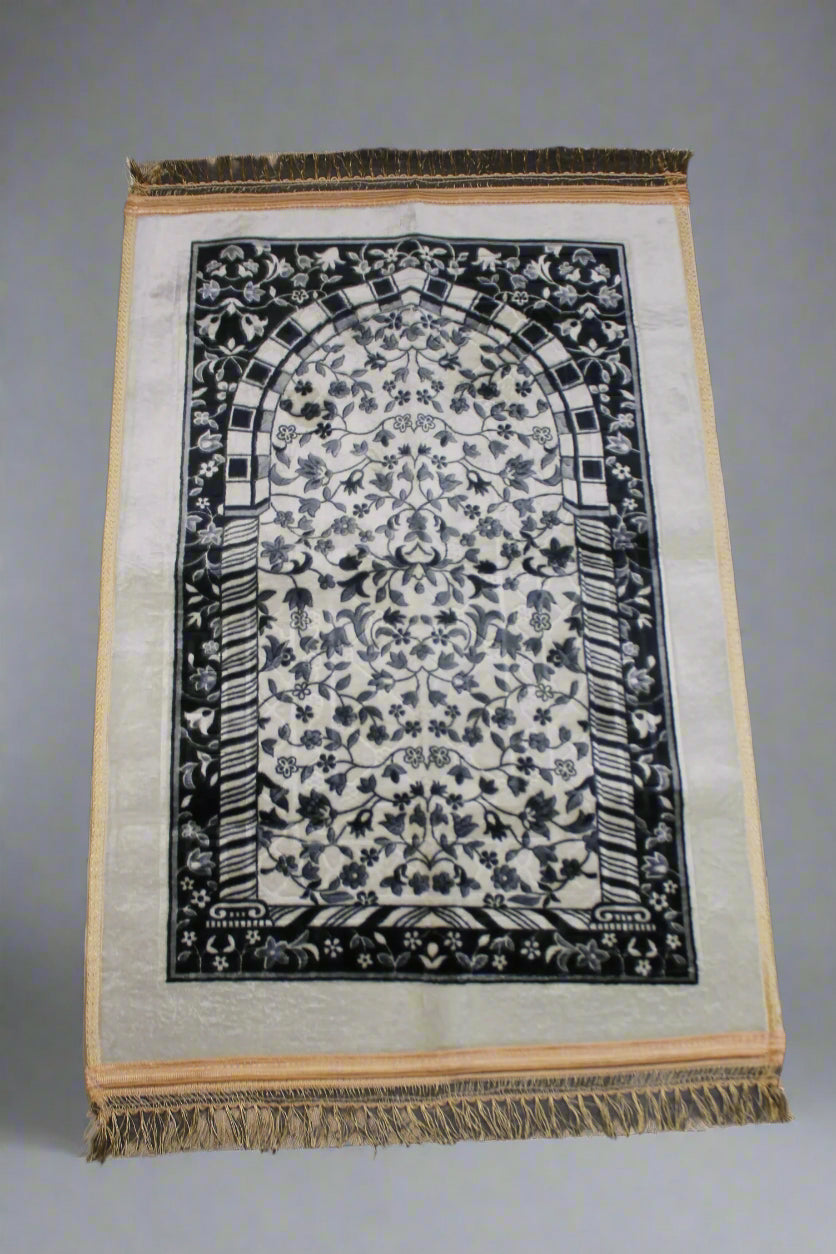 Ornate Medallion Prayer Rug – Navy & Ivory