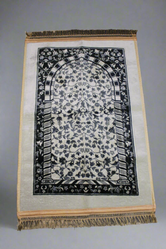 Ornate Medallion Prayer Rug – Navy & Ivory