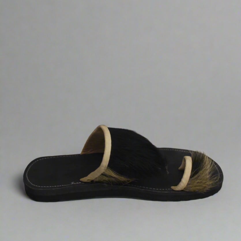 Traditional Sudanese Leather Sandals – Black & Tan Hair Detail