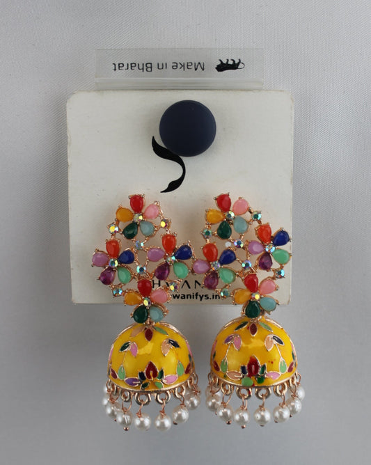 Yellow Floral Meenakari Jhumka Earrings